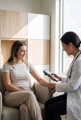 Fototapeta premium A friendly female doctor uses a modern handheld diagnostic scanner on a smiling patient's arm during a medical checkup in a bright clinic.