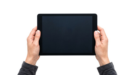 Hands Holding Large Tablet Blank Screen Mockup Isolated on Black - Modern Digital Device UI UX Display Element PNG Cutout © PNG CREATOR