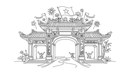 Naklejka premium Traditional Vietnamese Gate Architecture Sketch with Festive Fireworks and Lotus Flowers