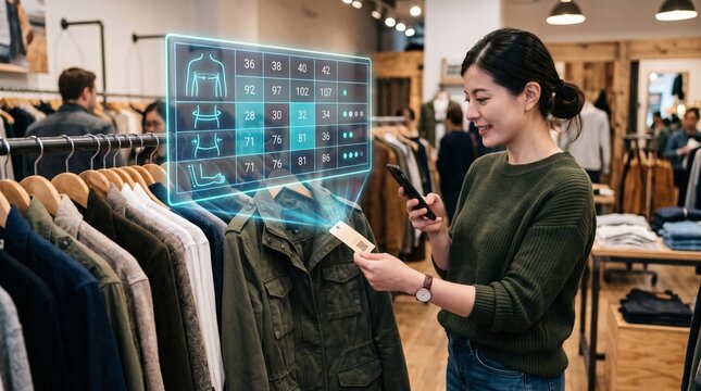 Woman uses smartphone and augmented reality display to check clothing sizes and measurements in a modern retail store