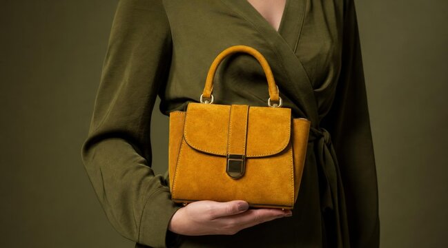 Woman holding elegant small yellow leather handbag against green background.