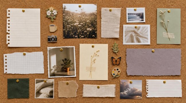 Vintage Aesthetic Mood Board with Torn Paper Scraps and Photos.