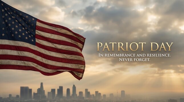 American flag waving over a city skyline at sunset for patriot day remembrance
