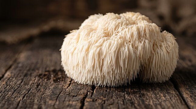 Fresh lions mane mushroom on a rustic wooden table for brain health.