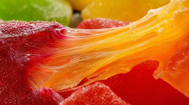 Macro shot of stretchy fruit jelly candy being pulled apart with vibrant red and orange colors.