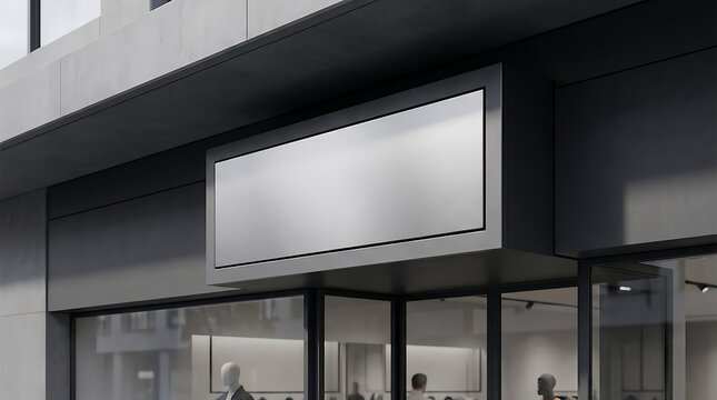 Blank rectangular store sign on a modern glass shop facade in a city street