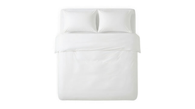 Clean white duvet and pillow set neatly arranged on a bed isolated on transparent background