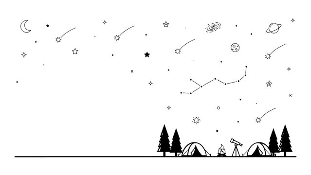 Winter camping scene with snowflakes and campers under the stars, camping gear