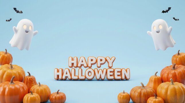 A festive 3d render featuring cute ghosts and orange pumpkins for a happy halloween celebration background design