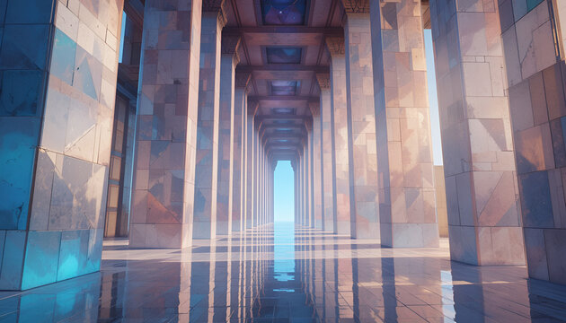 Grand stone colonnade hall with symmetrical pillars and bright light at the end of corridor