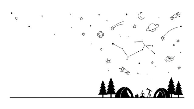 Summer camping scene with fireflies and campers under the stars, camping gear