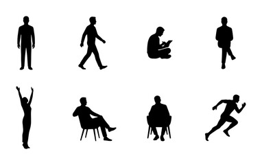 Obraz premium Diverse Human Silhouettes, Vector Icons: Standing, Walking, Sitting, Reading, Running Poses