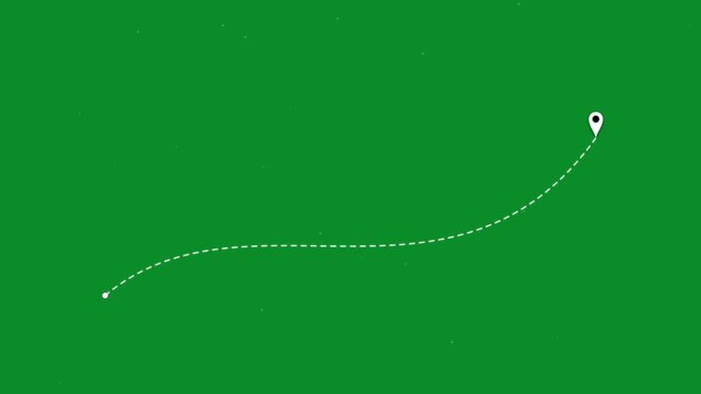 Animated map route with white dashed line and location pin, green screen background, travel path motion graphic for video editing