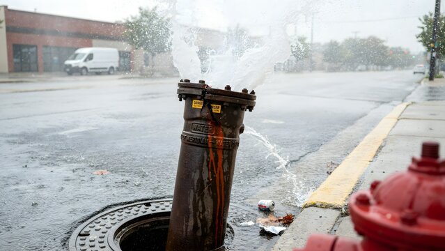 Water Geyser Erupts from Fire Hydrant on Rainy Urban Street