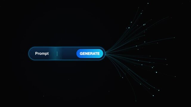 Artificial intelligence prompt bar with generate button. Blue glowing AI search interface. Futuristic data visualization on black background.