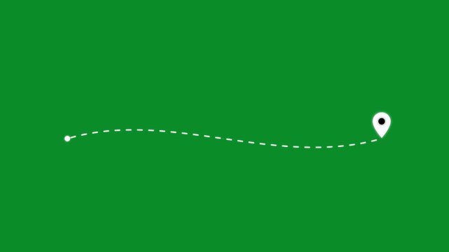Animated dashed line path on green screen, white travel map pin icon tracking route, minimalist motion graphic for navigation and logistics