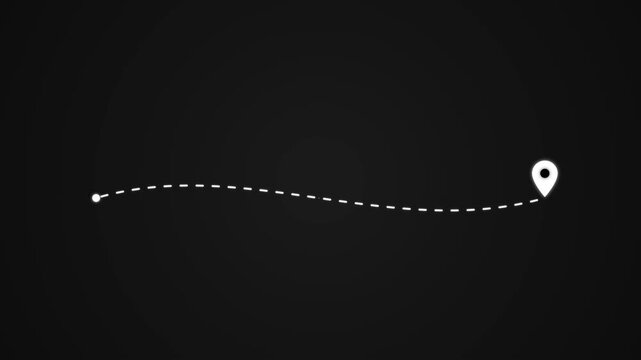 Minimalist map pin animation, white dashed line path on black background, travel route tracking graphic for navigation and logistics