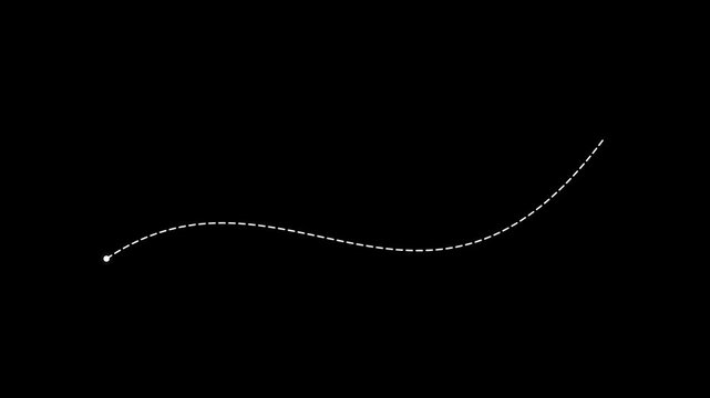 Animated white dashed line path on black background, minimalist motion graphic curve, simple trajectory line animation