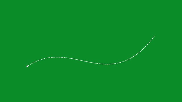 Animated white dashed line on green screen, moving dotted path for travel and navigation, dynamic motion graphic line tracing a route