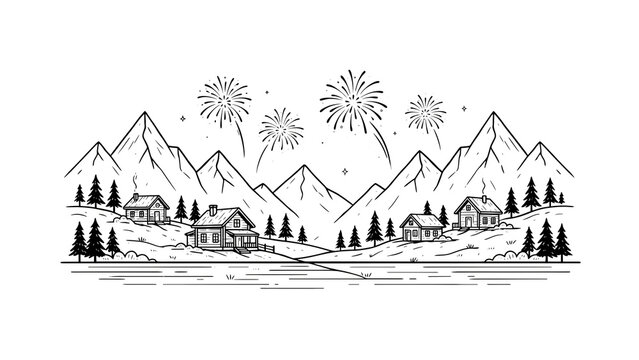 Mountain landscape with fireworks and village illustration mountain landscape