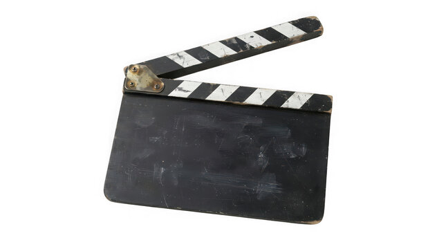 Film clapperboard open during production preparation with striped handle isolated on transparent background
