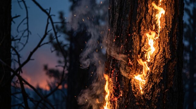 Forest Fire Engulfs Tree Trunk with Intense Flames and Smoke at Dusk.