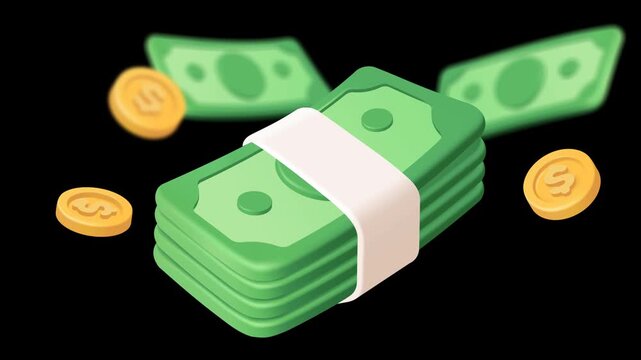 Animated 3D stack of banknotes with floating coins and cash elements, isolated with alpha channel for finance, payment, savings and business projects