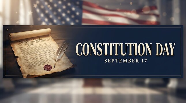Constitution Day Celebration: An antique scroll of the Constitution, illuminated by a quill pen, sits beside a soft-focus American flag.