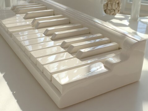 White piano keyboard with glossy keys and bright sunlight reflection  