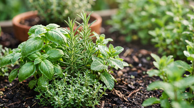Fresh Basil Rosemary Mint and Thyme Growing in an Organic Home Herb Garden