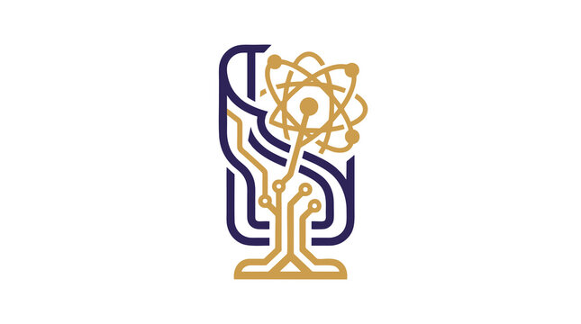 Abstract technology tree logo with circuit board paths and atomic symbol structure