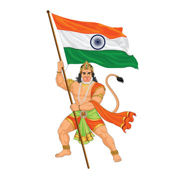  Hanuman holding Indian tricolor flag vector illustration
