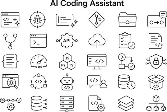 AI coding assistant icon set with various programming tools and concepts