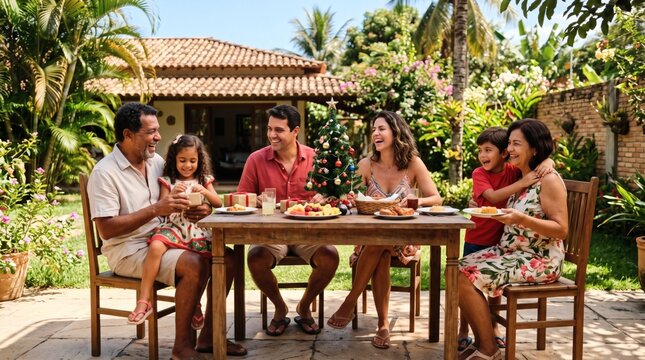 Multi generational family celebrating Christmas outdoors with a festive meal and gifts in a tropical garden setting