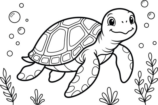 Cute baby sea turtle swimming with bubbles and seaweed isolated on transparent background