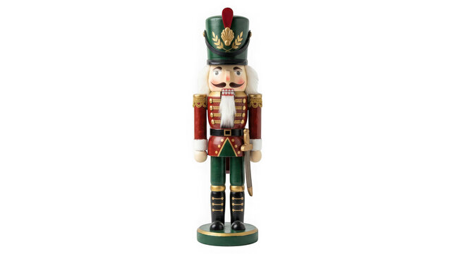 A traditional wooden nutcracker soldier in green and red uniform isolated on transparent background