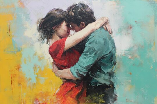 Capturing the essence of love  a contemporary painting of a couple dancing in a red dress