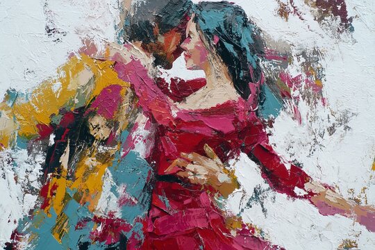 A contemporary painting of a couple dancing in love, featuring vibrant colors and a red dress.