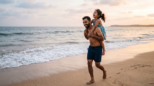 Father carrying daughter on shoulders at beach during sunset with joy and laughter