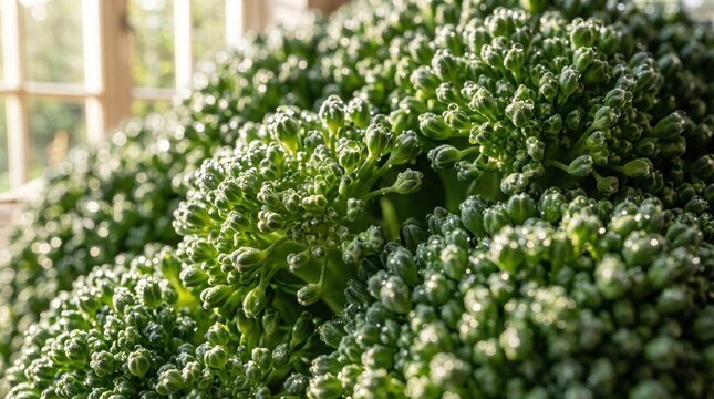 Fresh organic broccoli florets piled high for healthy eating and brain boosting nutrition.