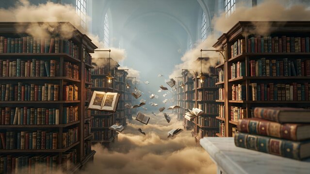 Enchanted Library with Floating Books Surrounded by Mystical Clouds