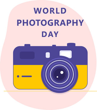 World photography day flat vector illustration with blue and yellow camera