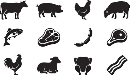 Obraz premium Meat and Livestock Animal Icons Set Black Silhouette