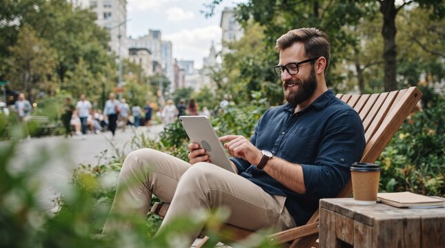 Bearded Digital Nomad Working on Digital Tablet in Sunny Urban Park