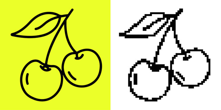 Two cherries, one outlined on yellow, one pixelated on white cherry fruit food nature