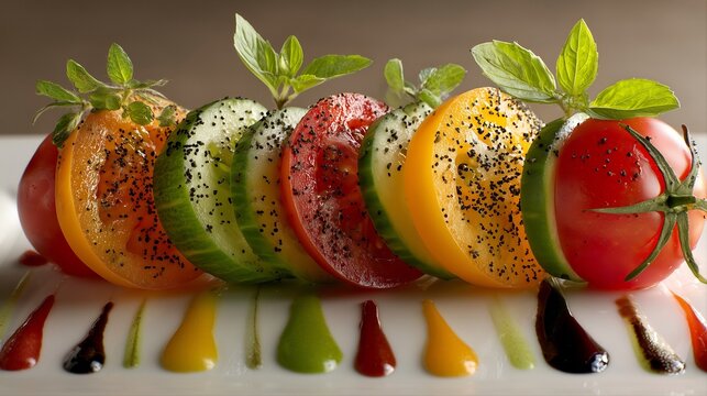 Gourmet caprese salad variation with sliced colorful tomatoes and cucumbers, decorated with fresh mint and multi-colored sauces