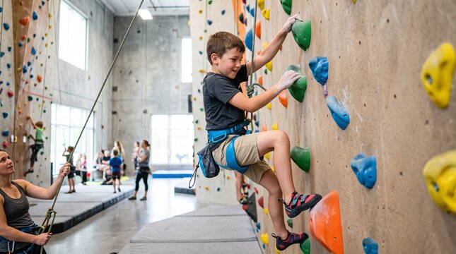 Active Child Practicing Rock Climbing on Artificial Wall with Belay Support