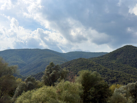 Forested mountains beneath dramatic stormy clouds and sky