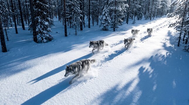 Pack of wild gray wolves running through deep snow trail in winter forest creating long dark shadows.
