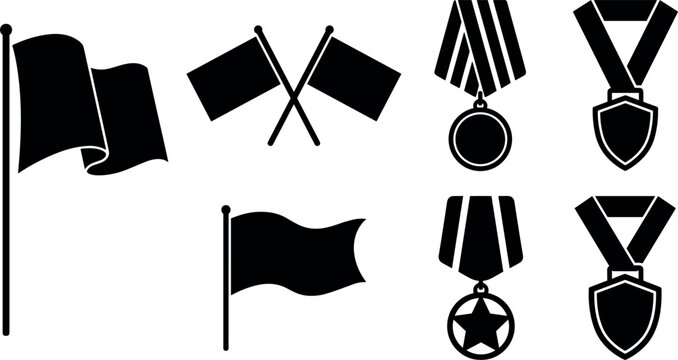 Black silhouette collection of flags and military medals on a white background insignia